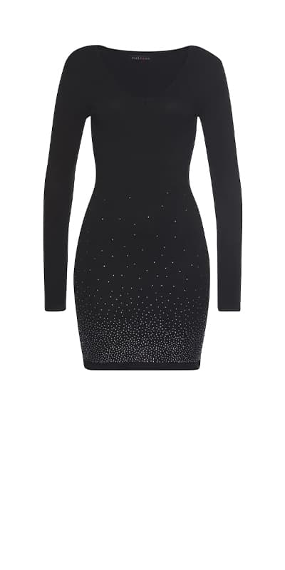 Schwarzes Strickkleid mit Glitzersteinchen am unteren Rand