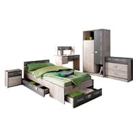 Komplett-Schlafzimmer-Set mit Bett, Schrank, Kommode, Schreibtisch und Nachttisch, Bett mit grüner Bettwäsche und Kissen