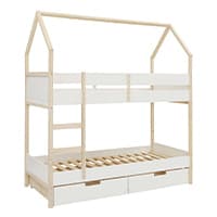 Hausförmiges Etagenbett mit Leiter und Schubladen darunter, obere Liegefläche mit Gitterzaun, Holz- und weiße Elemente