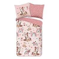 Rosa Bettwäsche-Set mit Reh-Motiven, Blumen, Regenbogen und Herzen. Zwei Kissen mit rosa Blümchenmuster.