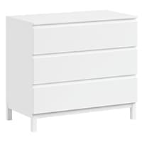 Weiße Kommode mit drei Schubladen, schlichtes Design, rechteckige Form, auf vier Beinen stehend