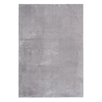 Grau-weißer rechteckiger Teppich ohne Muster, in der Draufsicht fotografiert