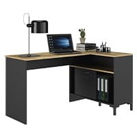 Eckschreibtisch mit Laptop, Lampe, Pflanze, Büchern, Stiften und Ordnern