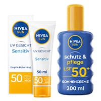 NIVEA SUN UV Gesicht Sensitiv 50 ml und NIVEA SUN Schutz & Pflege LSF 50+ Sonnencreme 200 ml