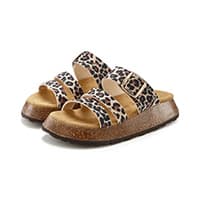 Leopardgemusterte Sandalen mit drei Riemen und verstellbarer Schnalle auf brauner Plateausohle