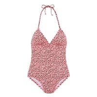 Rosa Badeanzug mit Leopardenmuster und Neckholder-Bändern auf weißem Hintergrund