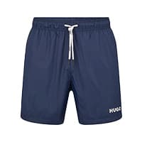 Dunkelblaue HUGO Badeshorts mit weißem Kordelzug und HUGO-Logo am linken Beinabschluss.