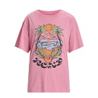 Rosa T-Shirt mit tropischem Strandmotiv, Palmen, Sonne und Meer, darunter dekorativer Schriftzug "Roxy"