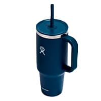 Blaue Thermoskanne mit Henkel und Trinkhalm, Hydro Flask Logo auf der Vorderseite
