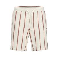 Kurze weiße Hose mit roten vertikalen Streifen und Kordelzug an der Taille