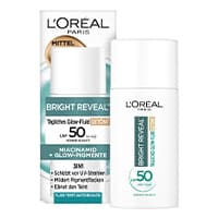 L'Oréal Paris Bright Reveal Tagespflege LSF 50 – Verpackung und Flasche mit Text zu Schutz vor UV-Strahlen und Milderung von Pigmentflecken