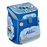Blauer Schulranzen mit Stitch-Motiv, pinken Blumen und dem Schriftzug "Aloha" auf der Fronttasche