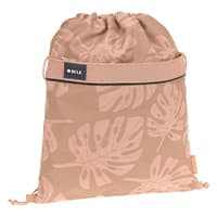 Beiger Turnbeutel mit hellen Blättermotiven und einem schwarzen Label mit der Aufschrift "Bolle" oben mittig