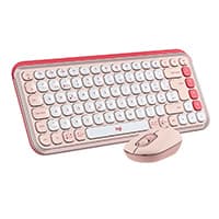 Kabellose Tastatur und Maus in Pink und Weiß mit abgerundeten Tasten und farbigen Akzenten, Ansicht von oben