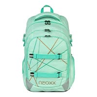 Mintgrüner Rucksack mit geometrischen Linien und neoxx-Logo auf der Fronttasche, mehrere Fächer und gepolsterte Träger