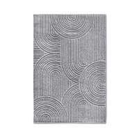 Grauer Teppich mit kreisförmigen Mustern in verschiedenen Größen und Linienstrukturen