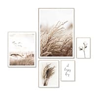 5 Bilder mit Naturmotiven – Schilfgras, weite Landschaft, Baumwollzweig, Schilfdetail und Schriftzug "All happy day"