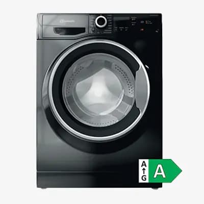 Energieeffizienzklasse A – schwarze Frontlader-Waschmaschine mit rundem Bullauge und Bedienfeld oben links