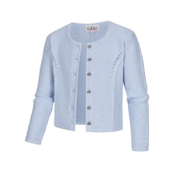 Hellblaue Strickjacke mit langen Ärmeln und Knopfverschluss vorne, dekorative Strickmuster an Ärmeln und Brust.