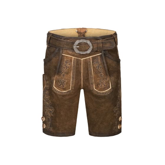 Braune Lederhose mit Stickereien und Gürtel, zwei Seitentaschen und Knöpfen am Beinabschluss, traditionelle Trachtenmode