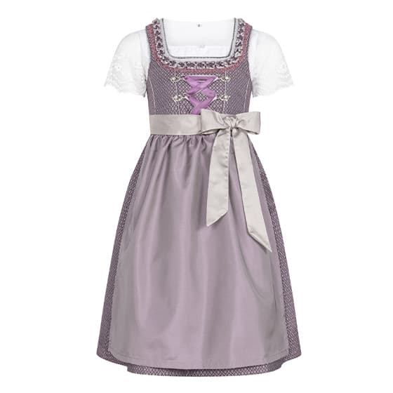 Dirndl in Lila und Grau mit weißer Bluse, verziert mit rosa Schnürung und Schleife.