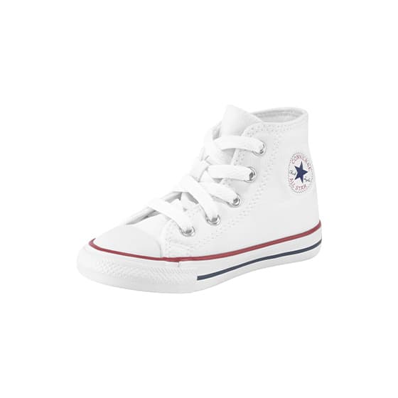 Weißer hoher Sneaker für Kinder mit Converse-Logo und roten sowie blauen Streifen an der Sohle
