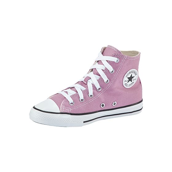 Lilafarbener hoher Converse-Schuh mit weißer Kappe, weißen Schnürsenkeln und schwarzem Logo auf der Seite