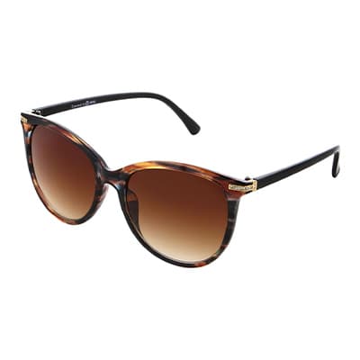 Braune Sonnenbrille mit getönten Gläsern und schwarzem Gestell in Schildpatt-Optik, Ansicht von schräg vorne rechts