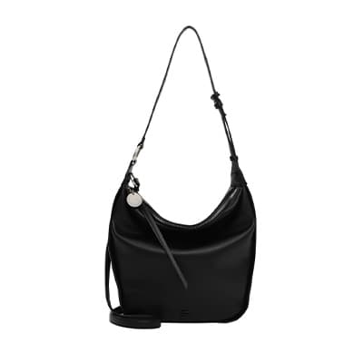 Schwarze Schultertasche mit Reißverschluss und verstellbarem Schulterriemen, runde Anhänger an der Seite