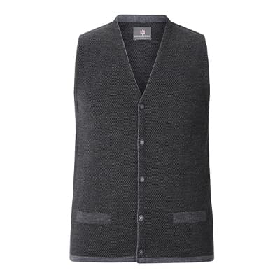 Grau melierte Herrenweste mit V-Ausschnitt und Knopfleiste, zwei seitliche Taschen vorne