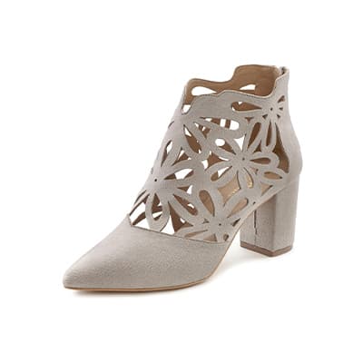 Eleganter grauer Stiefeletten mit floralem Cut-Out-Muster und Blockabsatz