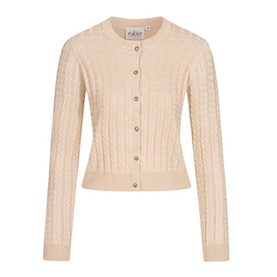 Beige Strickjacke mit Knopfleiste und Zopfmuster, lange Ärmel, Rundhalsausschnitt, Vorderansicht