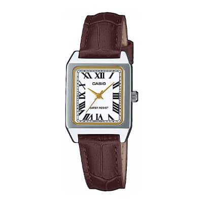 Casio Uhr mit braunem Armband, rechteckiges Zifferblatt mit römischen Zahlen und goldenen Zeigern