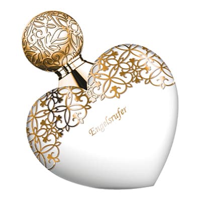 Herzförmiges Parfümflakon mit filigranen goldenen Verzierungen und der Aufschrift "Engelsrufer"