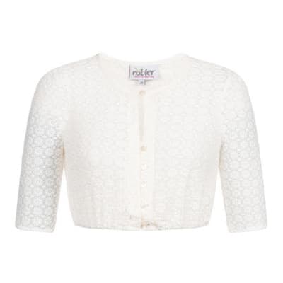 Weiße, kurzärmelige Spitzenbluse mit Knopfleiste und Rundhalsausschnitt, Vorderansicht