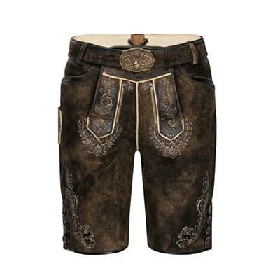 Braune kurze Lederhose mit traditionellen Stickereien und dekorativem Gürtel