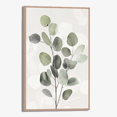 Gerahmtes Bild mit Eukalyptus-Zweigen in verschiedenen Grüntönen vor hellem Hintergrund