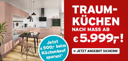Traumküchen nach Maß ab € 5.999,- – Jetzt € 500,- beim Küchenkauf sparen – Moderne Küche mit rosa Fronten und Esstisch