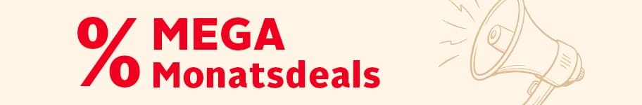 % MEGA Monatsdeals – Rotes Prozentzeichen und Text neben einer gezeichneten, rufenden Lautsprechertröte