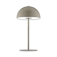 Moderne Tischlampe mit rundem Schirm und schlankem Standfuß in Grau, von vorne gesehen