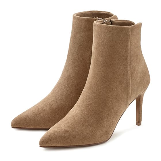 Beige Stiefeletten mit spitzem Zeh und dünnem Absatz, seitlicher Reißverschluss, Paaransicht