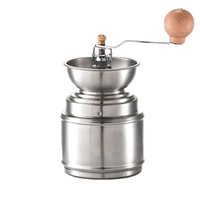 Handbetriebene Kaffeemühle mit Edelstahlkörper und hölzernem Griff, ideal zum Mahlen frischer Kaffeebohnen