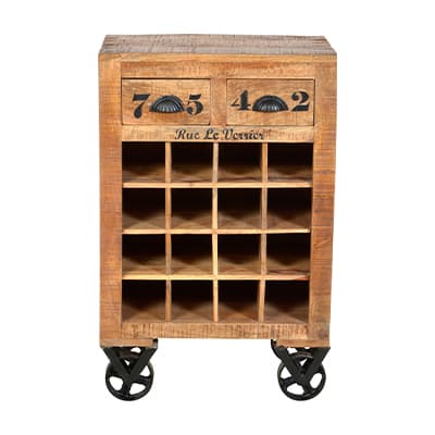 Holzregal mit 12 Fächern und zwei Schubladen, Zahlen 750 und 402, Schriftzug "Rue Le Vertier", schwarze Rollen am Boden