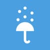 Weißes Regenschirm-Symbol mit fallenden Punkten auf blauem Hintergrund