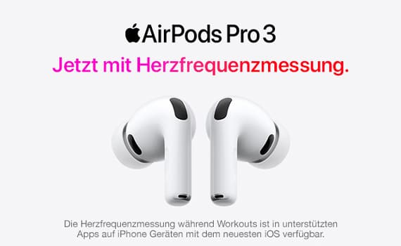 AirPods Pro 3 – Jetzt mit Herzfrequenzmessung – Zwei weiße kabellose Ohrhörer vor grauem Hintergrund