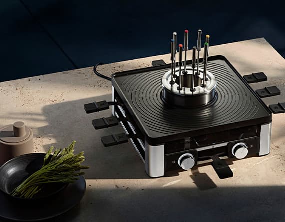 Elektrischer Tischgrill mit Fondue-Set und acht Spießen, daneben Teller mit Kräutern und Gewürzbehälter auf einem Tisch