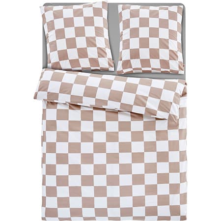 Bettwäsche-Set mit braun-weißem Karomuster bestehend aus zwei Kopfkissenbezügen und einem Bettdeckenbezug