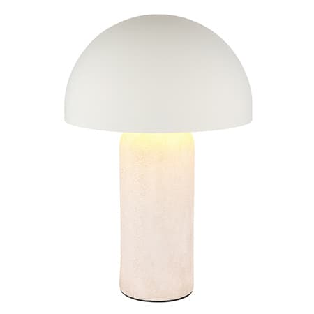 Pilzförmige Tischlampe mit großem weißem Schirm und leuchtendem Sockel