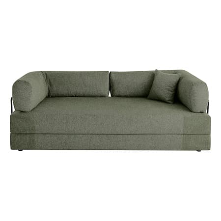 Grünes Sofa mit zwei Kissen, einem mittig und einem an der rechten Seite, Rücklehnen an beiden Seiten