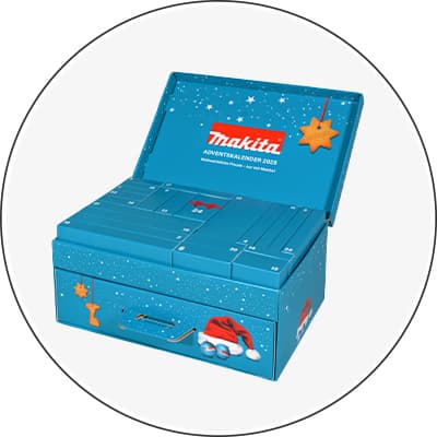 Makita Adventskalender 2023 – Blaues Kästchen mit weihnachtlichen Motiven und Zahlen auf den Türchen, offen mit Stern-Deko